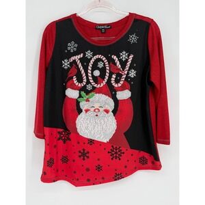 Onque Casual Womens Christmas Santa Joy Rhinestone 3/4 Sleeve Top Red S PXL